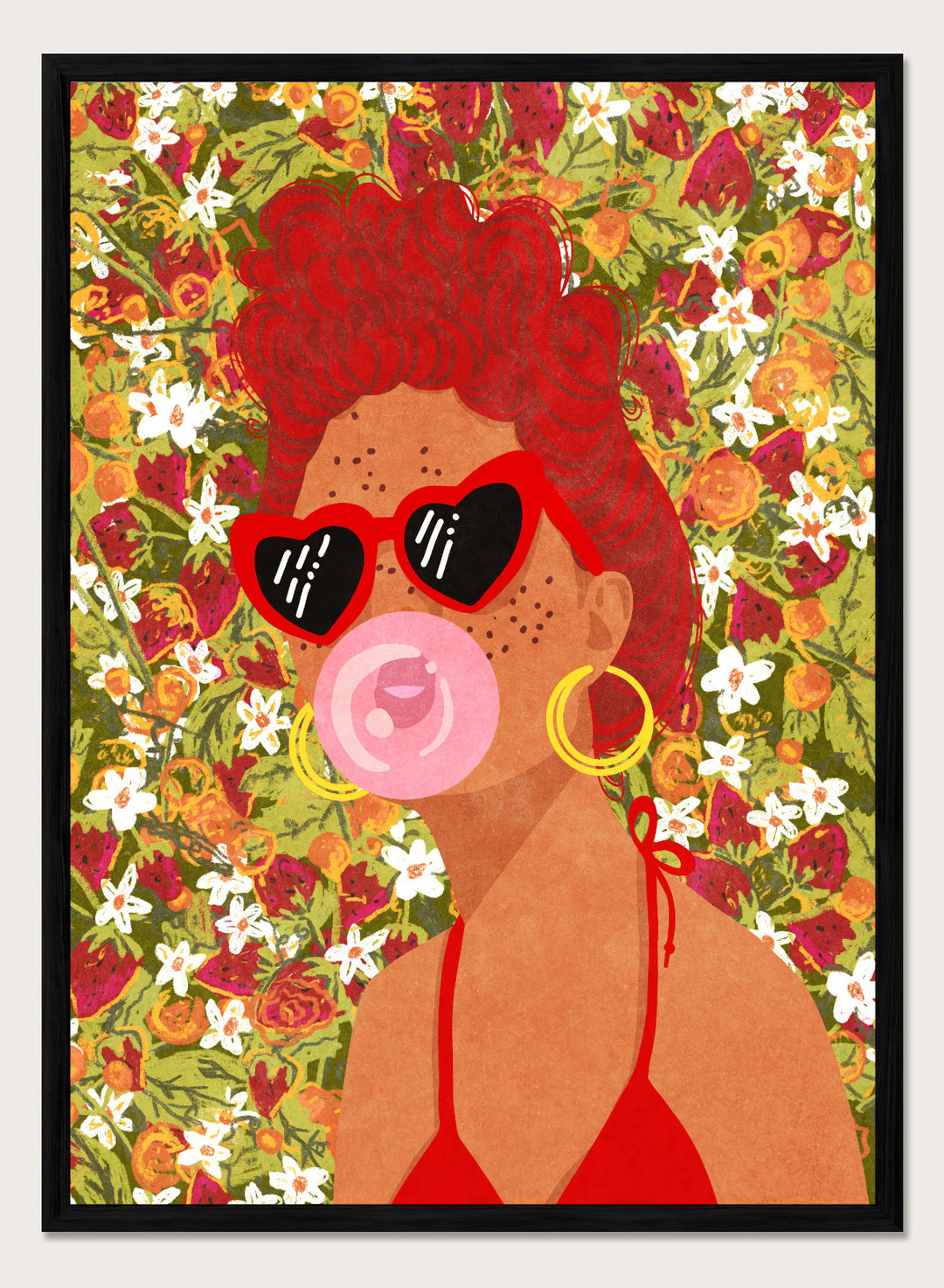 Illustration of a woman with red hair, sunglasses, and a pink bubble gum against a floral background. Strawberry Lady by Raissa Oltmanns fine art print featuring bold female portrait with strawberry background, modern colorful wall decor poster.