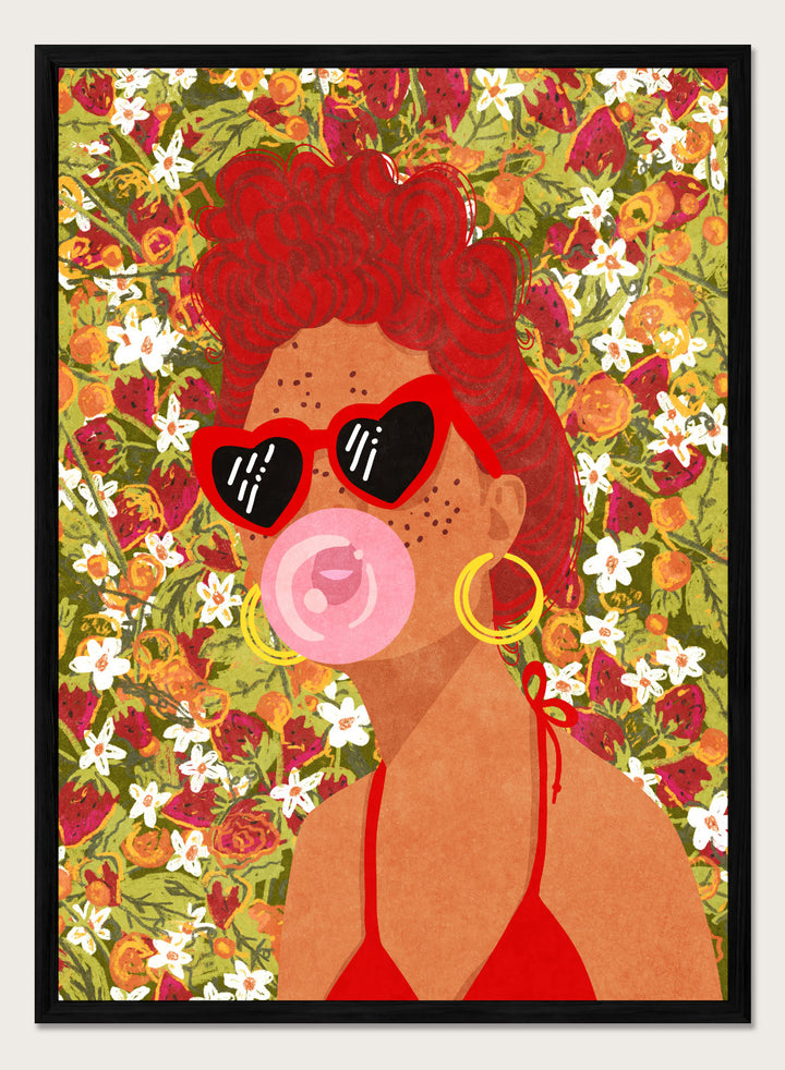 Illustration of a woman with red hair, sunglasses, and a pink bubble gum against a floral background. Strawberry Lady by Raissa Oltmanns fine art print featuring bold female portrait with strawberry background, modern colorful wall decor poster.