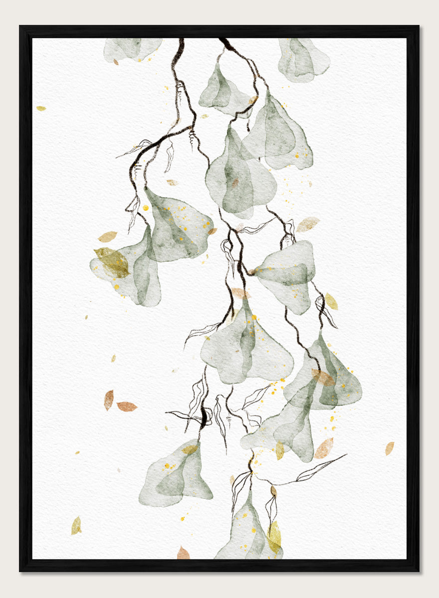 Shop Soft Green Botanicals by Ankie Kooi, a modern botanical wall art print poster with watercolor leaves, minimalist line art, soft green, yellow, and cream.