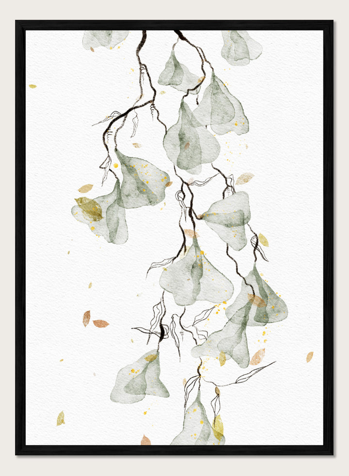 Shop Soft Green Botanicals by Ankie Kooi, a modern botanical wall art print poster with watercolor leaves, minimalist line art, soft green, yellow, and cream.