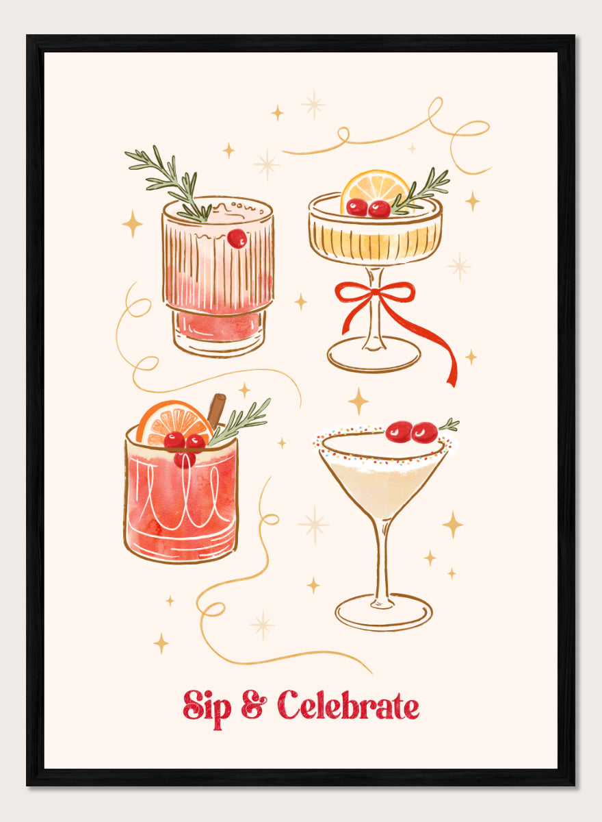 Shop Festive Holiday Christmas Cocktails by Katarzyna Gąsiorowska, a festive cocktail wall art print poster featuring illustrated drinks, cherries, and citrus.
