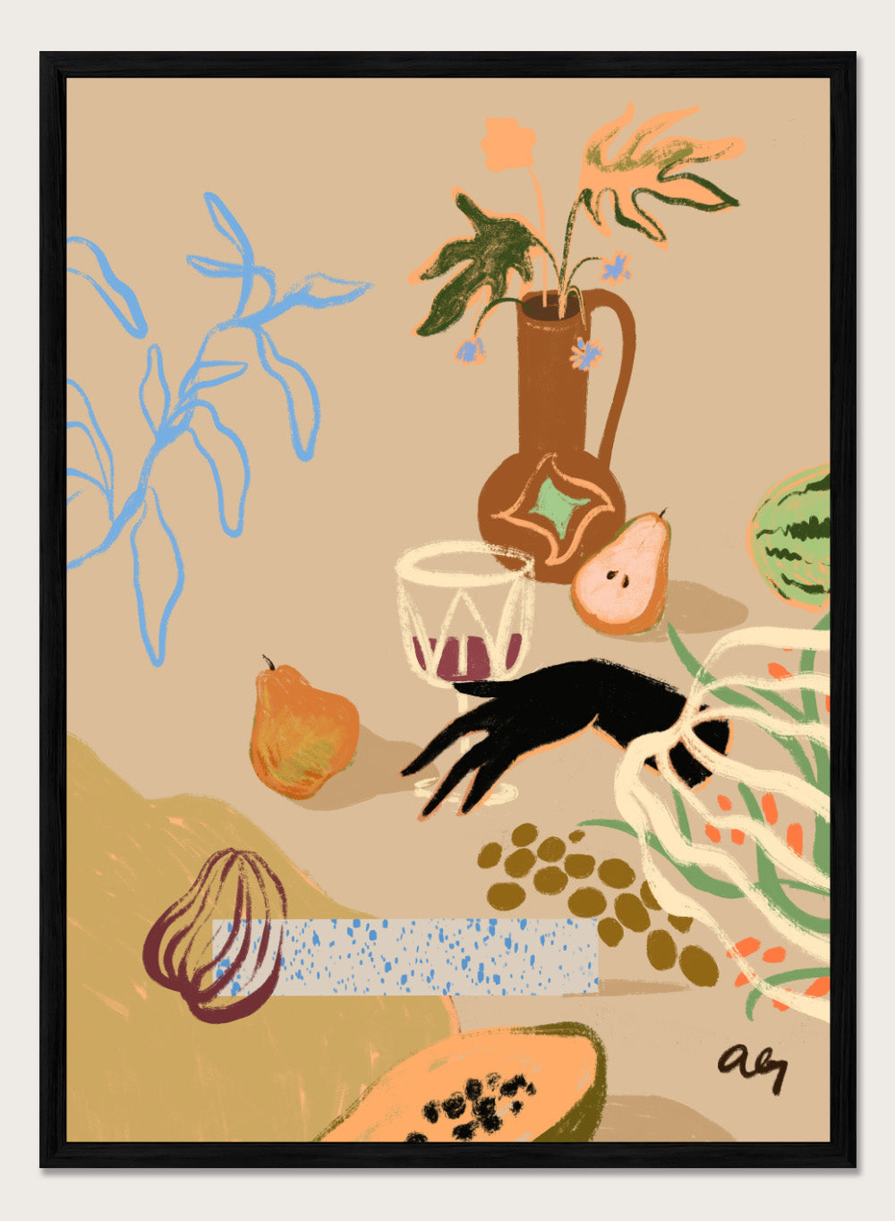 Pass Me The Pear by Arty Guava is a modern still life art print with pears, fruit, and expressive hand-drawn shapes. Officially licensed wall poster.