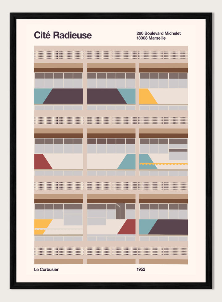 Illustration of a Bauhaus modernist building with geometric design, featuring text and Le Corbusier's name.Colorful Geometric Facade by Florent Bodart is a modern architectural art print with geometric building shapes and color blocks, a minimalist wall poster.
