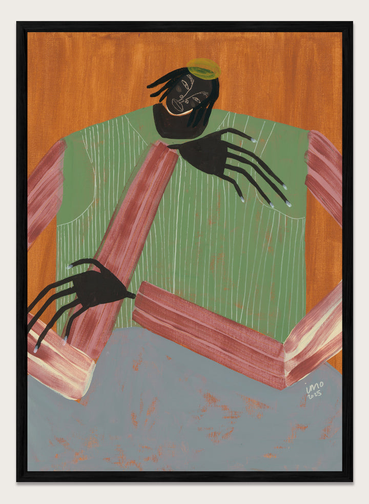 Artistic depiction of a person with spider-like hands and feet against a wooden background. No Place to Be by Studio IMO (Ibi Meier-Oruitemeka) is a modern figurative art print with a seated figure, bold color, and contemporary portrait wall poster design.