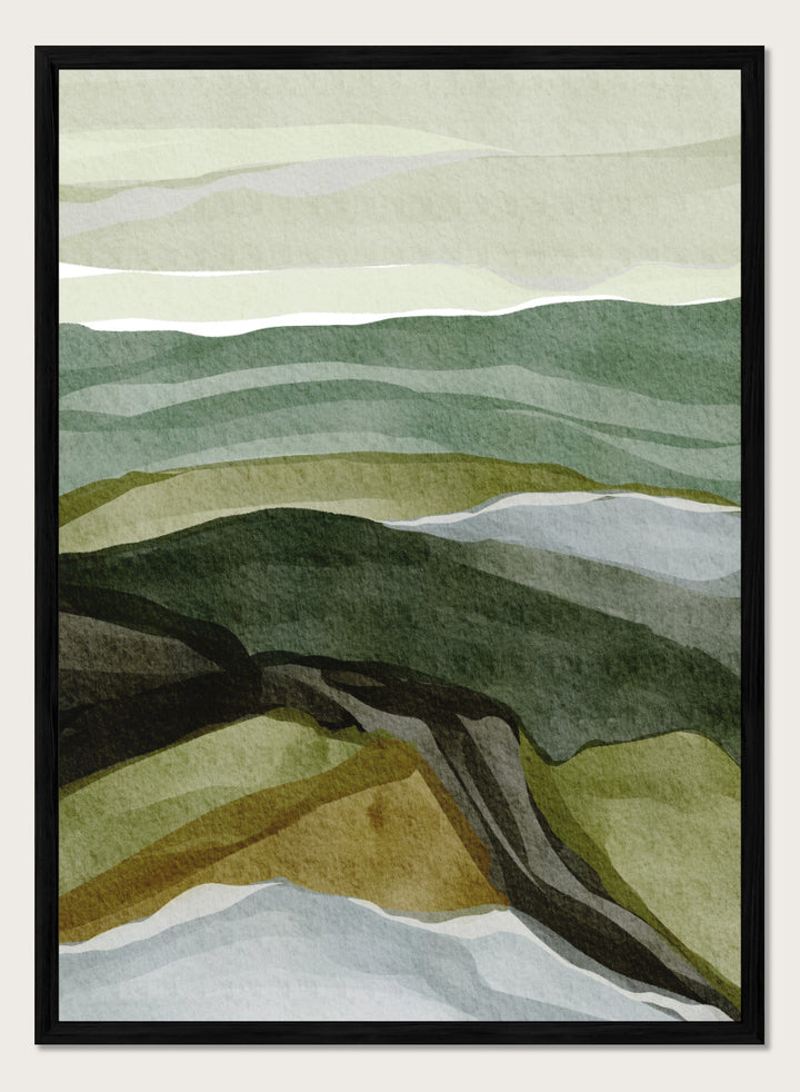 Shop Serene Green Landscape by Nikita Jariwala, a modern abstract landscape art print featuring layered hills, rolling countryside, and soft green, olive, gray, and blue tones.