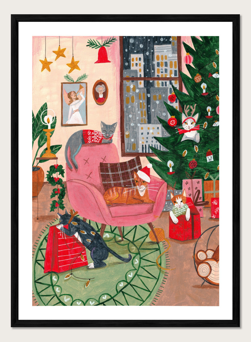 Shop Cats Home for Christmas by Caroline Bonne Müller, a festive cat wall art print poster featuring cats, a Christmas tree, presents, and a colorful holiday interior.