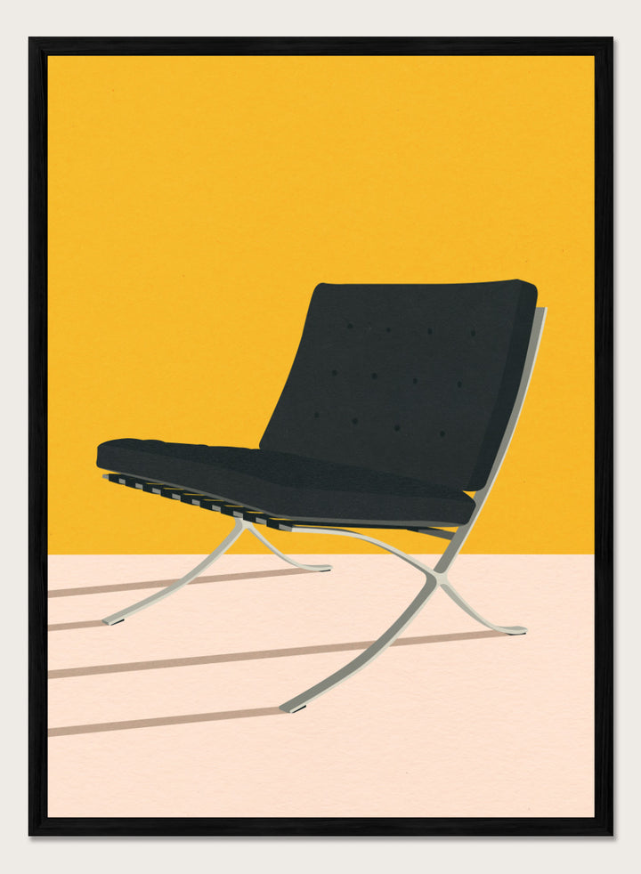 Black chair with metal legs on a yellow and beige background. Barcelona Chair by Mies Van Der Rohe by Rosi Feist is a minimalist modern design art print featuring clean lines and bold color. Officially licensed fine art poster with optional real wood framing, ready to hang.