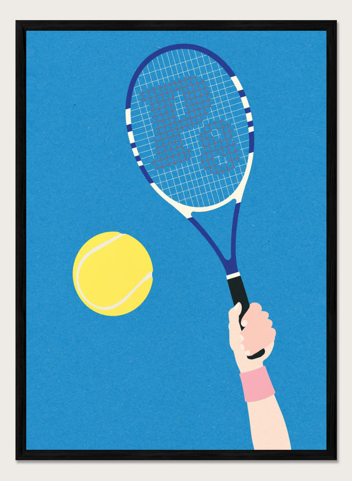 Tennis racket and ball on a blue background. Perfect Serve by Rosi Feist is a modern minimalist tennis art print featuring bold graphic color, clean lines, and Bauhaus-inspired design. Officially licensed fine art poster with framing.