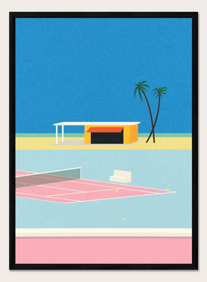 Simplified illustration of a tennis court with a small building and palm trees against a blue sky. Tennis By the Beach by Rosi Feist is a minimalist modern art print of a tennis court beside beach and palm trees. Officially licensed fine art poster with framing.