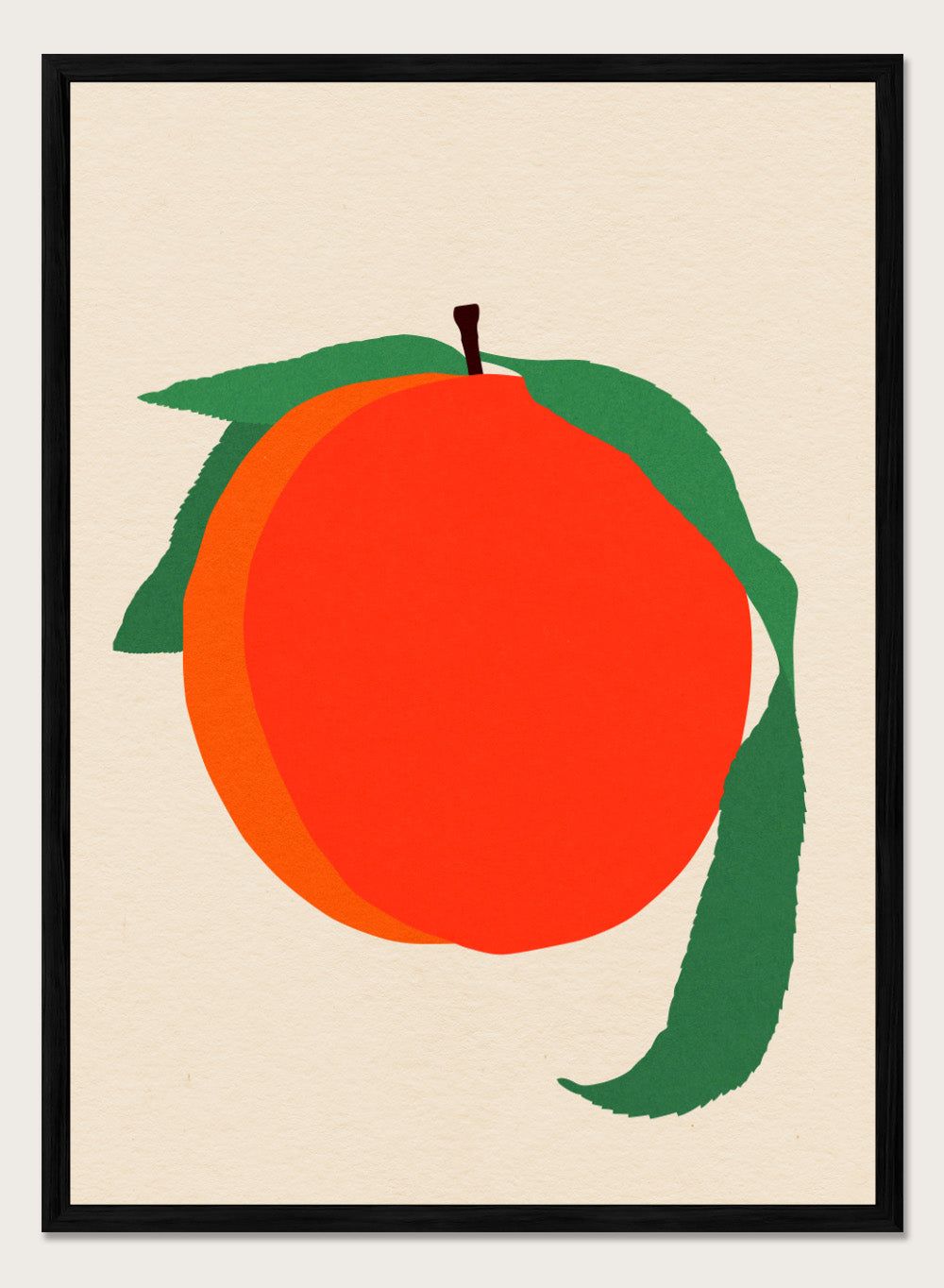 Illustration of a peach with green leaves on a beige background. Peach by Rosi Feist is a modern minimalist fruit art print with bold color and Bauhaus-inspired graphic design. Officially licensed fine art poster with framing.
