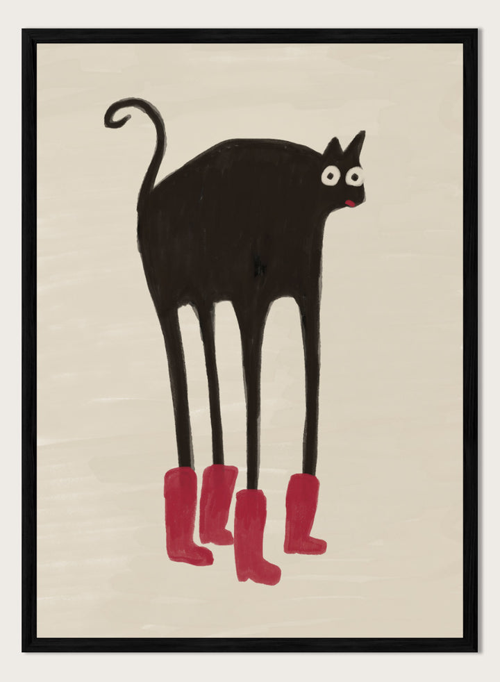 A stylized black cat with long legs wearing bright pink boots, centered on a warm beige background. Funny Black Cat Boots by The Art Concept playful cat art print featuring a long-legged black cat in red boots with a quirky hand-drawn look.