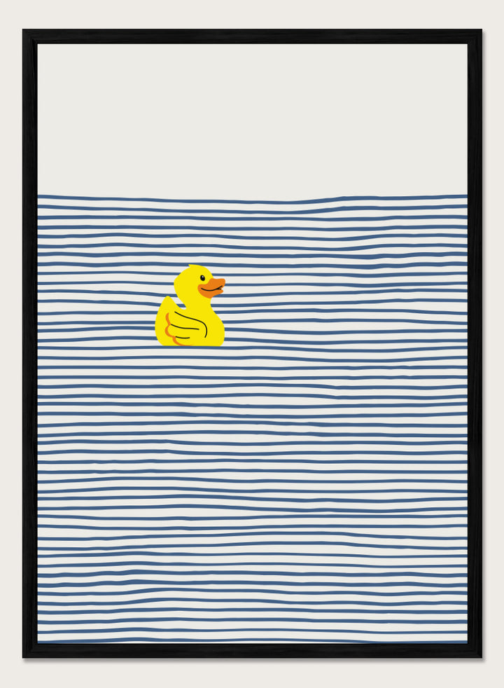 Yellow Duck Afloat art print by Little Dean. Playful duck illustration with blue ocean stripes, modern minimalist wall art, contemporary poster design.