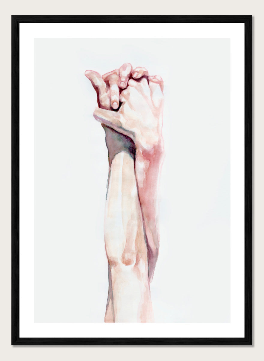Shop Tender Hand Embrace by Sophia Novosel, a soft figurative wall art print poster featuring two hands intertwined in pink, peach, and cream watercolor tones.