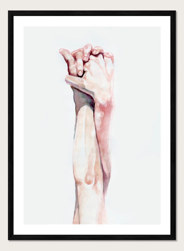 Shop Tender Hand Embrace by Sophia Novosel, a soft figurative wall art print poster featuring two hands intertwined in pink, peach, and cream watercolor tones.