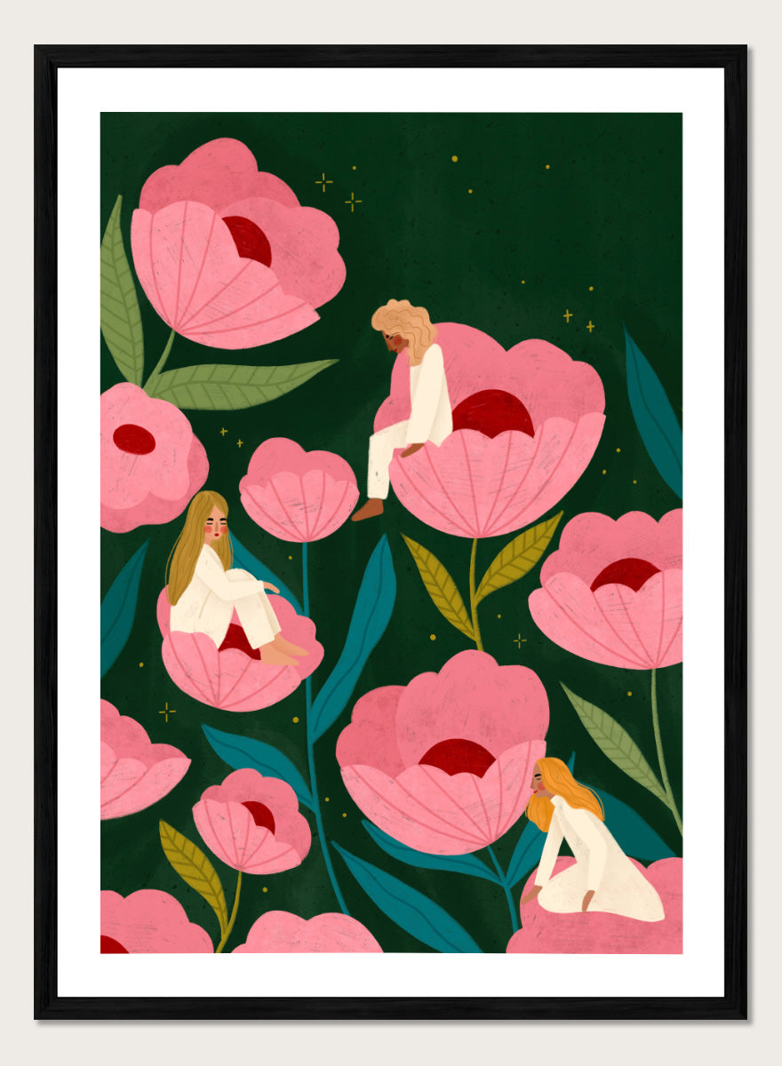 Shop Calm Women in Flowers by Bea Müller, a figurative floral wall art print poster featuring women among oversized pink flowers in a dreamy garden.