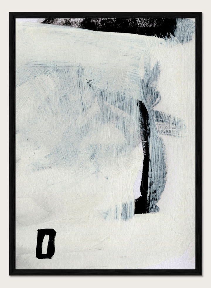 Shop Beyond by Dan Hobday, an abstract wall art print poster featuring layered blue-gray brushwork, black accents, and a minimalist modern composition.