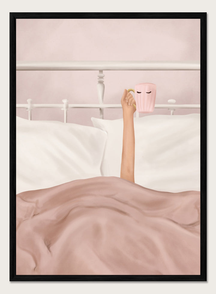Coffee Cup by Flow Line is a cozy morning art print featuring a woman in bed holding a pink mug. A modern lifestyle wall poster celebrating slow mornings.