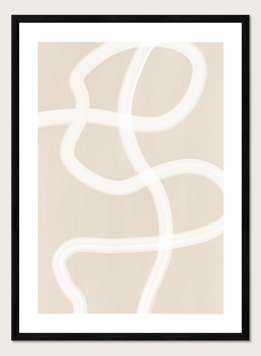 Shop Soft Abstract Flow by Elena Ristova, a neutral abstract wall art print poster featuring looping white brushstrokes on a warm beige background.