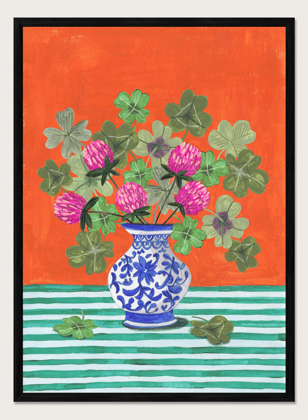 Vase with pink flowers and green leaves on a red and green striped background. Vibrant Clover Still Life by Caroline Bonne Müller is a fine art print and wall poster featuring clover leaves, pink flowers, and a blue vase on a striped table.