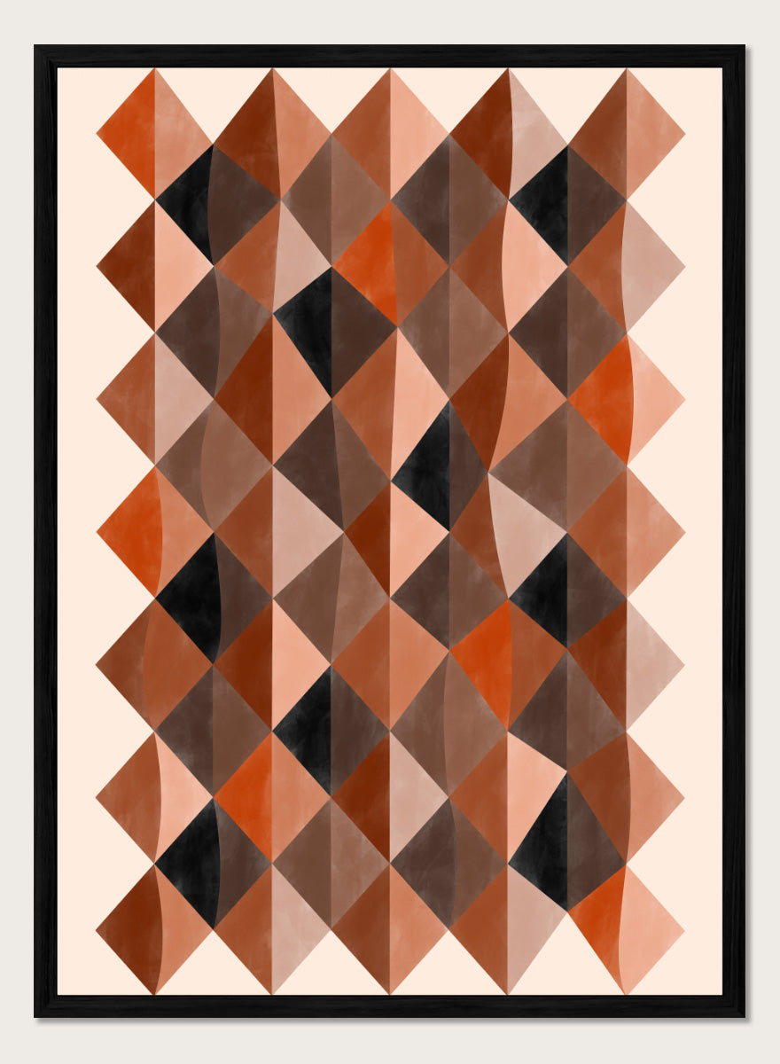 Shop Warm Earthy Geometry by Elena Ristova, a modern abstract wall art print poster featuring layered diamond patterns in rust, brown, cream, pink, and black.