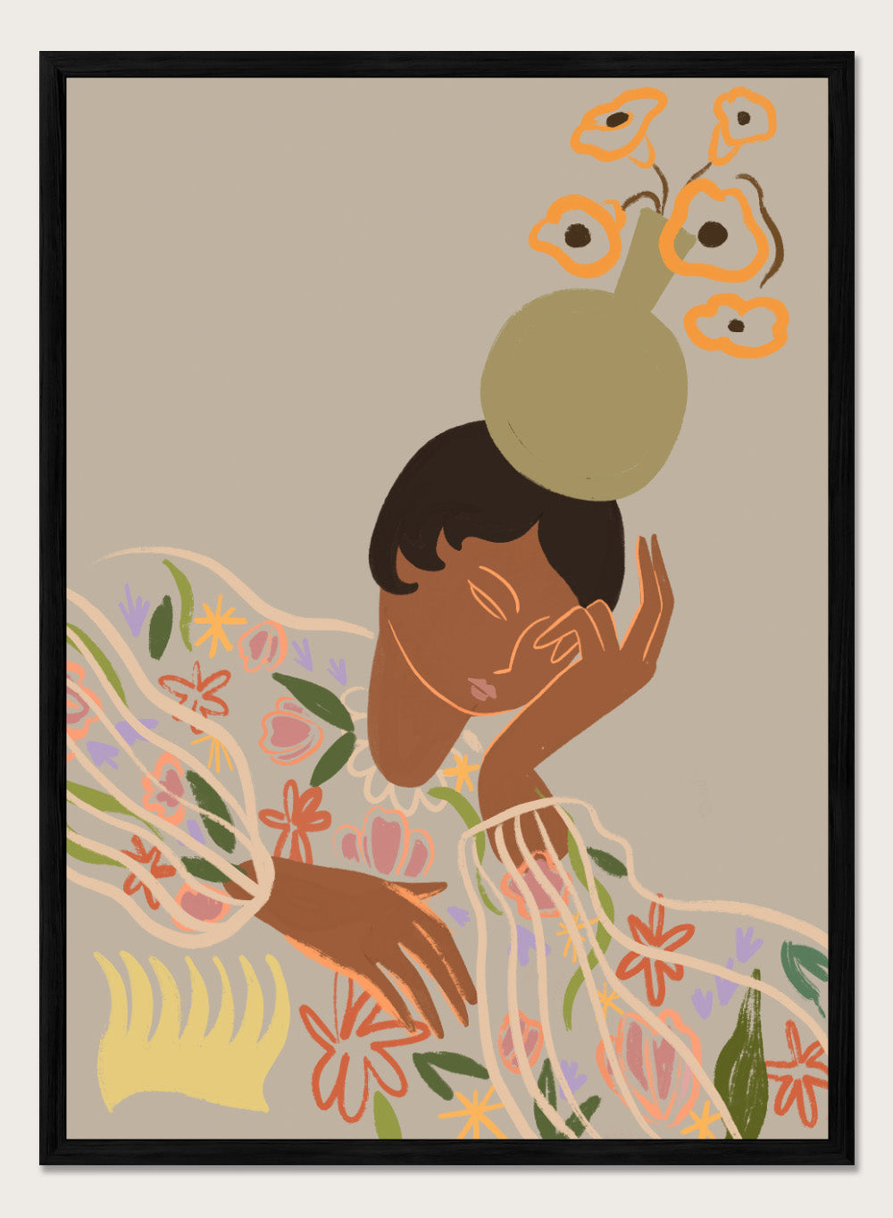 Illustration of a person with a flower on their head against a beige background. The Overthinker by Arty Guava is a modern woman illustration art print with soft florals and warm tones. Officially licensed wall poster with framing.
