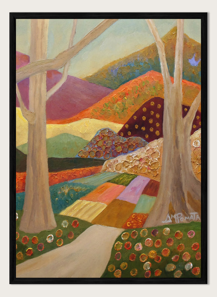 A colorful landscape painting featuring stylized trees, a winding path, patchwork fields, and rolling hills in warm and cool tones, with a visible artist signature in the lower right. Shop Colorful Field Path by Angeles M. Pomata, an autumn landscape art print featuring a winding path, textured fields, flowers, and rolling countryside.