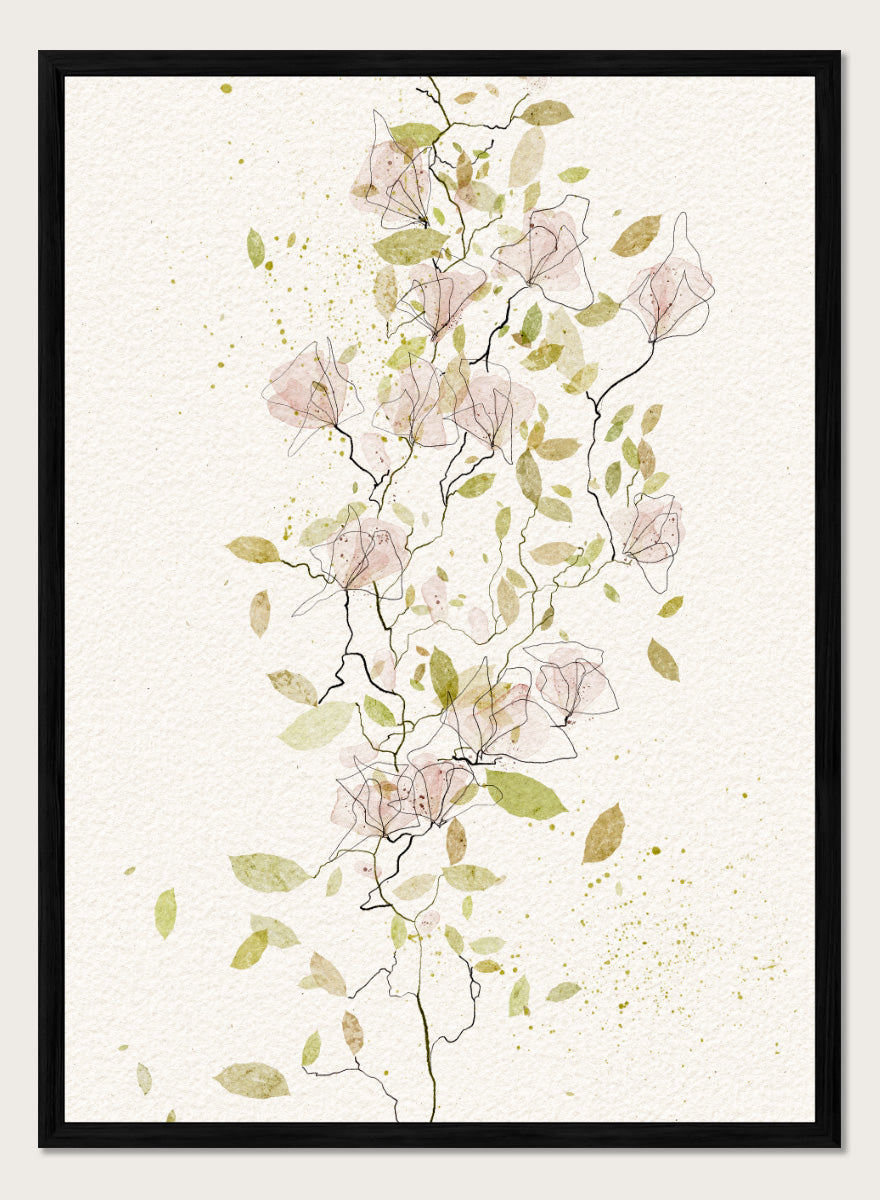 A framed botanical art print featuring delicate watercolor flowers and leaves in soft pink, sage green, and olive tones on a textured off-white background. Shop Ethereal Pink Blooms by Ankie Kooi, a floral wall art print poster with pink watercolor flowers, botanical line art, climbing branches, and spring florals.