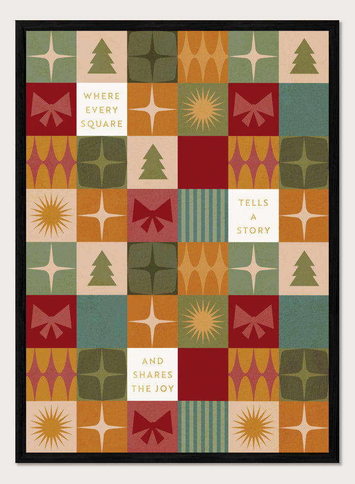 Shop Retro Christmas Squares by Dominique Vari, a festive wall art print poster featuring retro trees, bows, stars, geometric shapes, and vintage holiday colors.