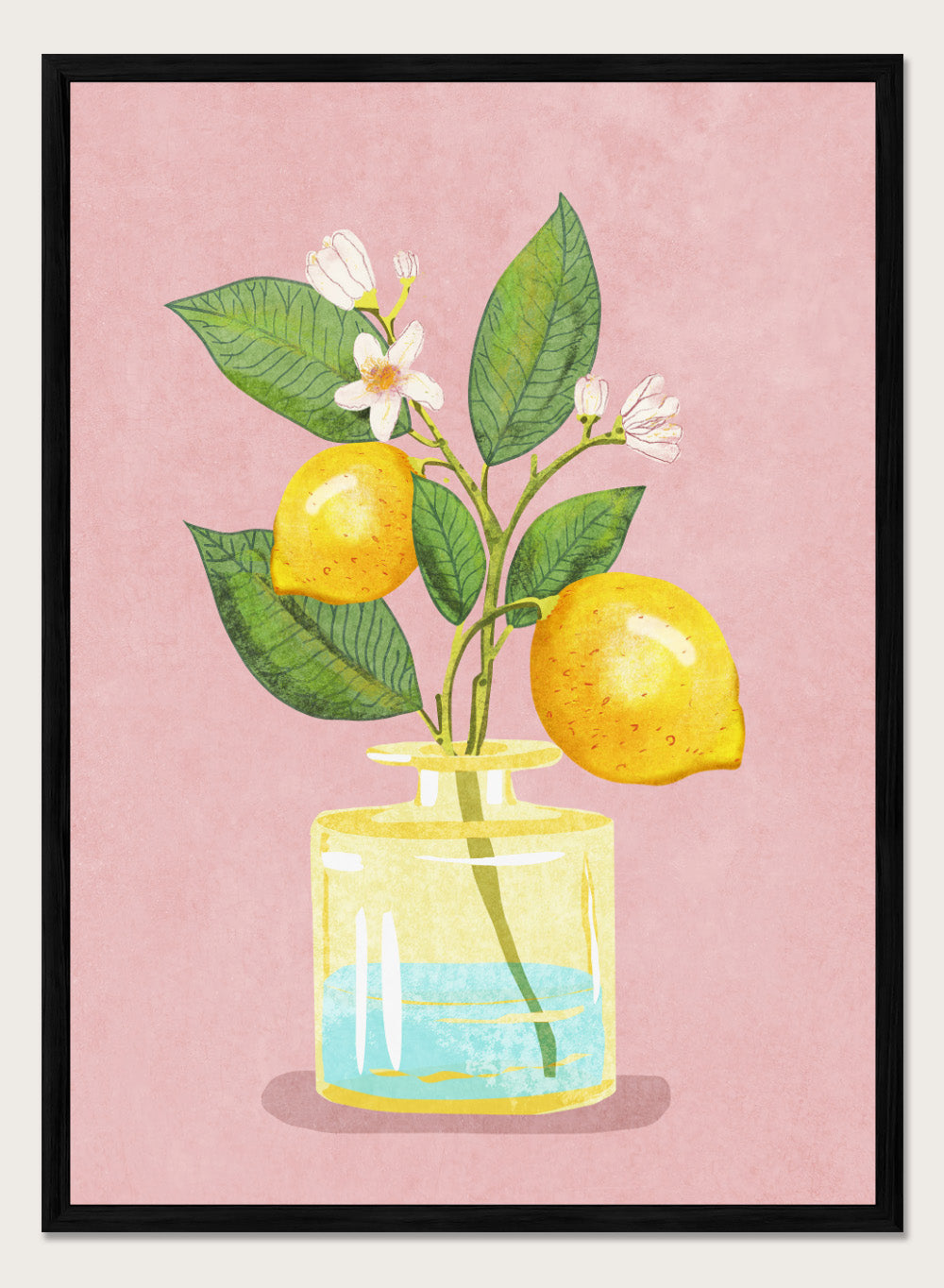 Illustration of lemons and a flower in a glass bottle on a pink background. Lemon Bunch In Vase by Raissa Oltmanns is a modern lemon still life art print featuring citrus fruit and floral kitchen wall poster design.
