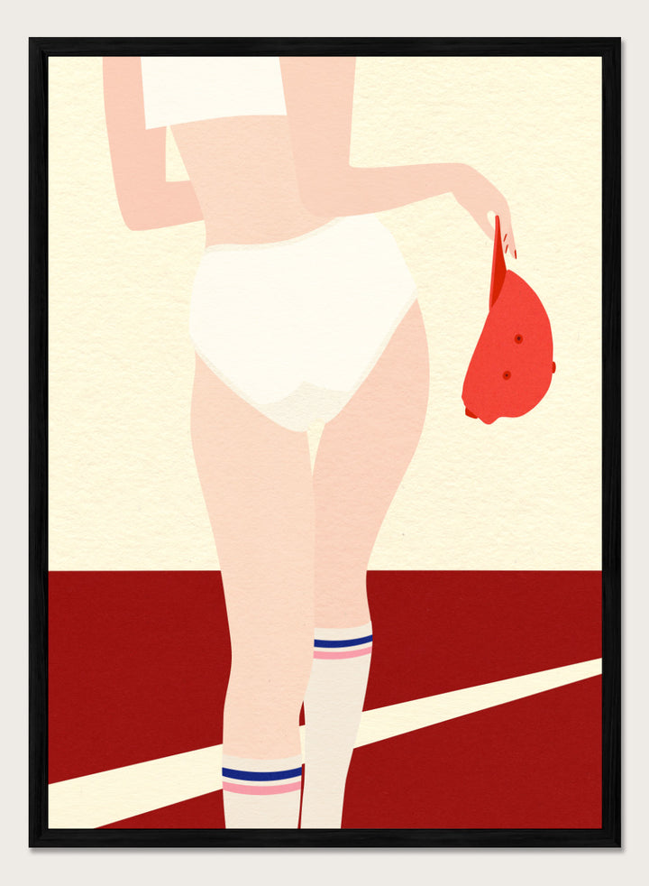 Illustration of a person in a white panty with a red cap on a beige and red background. Panties Socks Cap by Rosi Feist is a modern fashion art print with sporty minimalism, bold color blocking, and contemporary graphic poster style.
