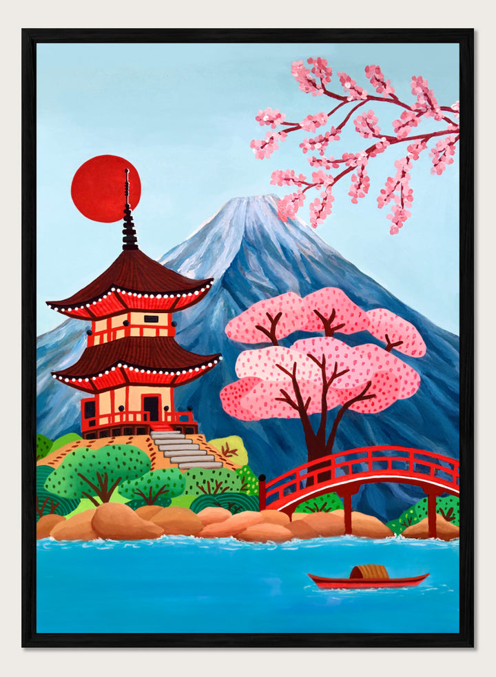 A colorful Japanese-style landscape artwork showing a red pagoda beside a red bridge over blue water, with pink cherry blossoms, a mountain, and a red sun in the sky. Shop Japanese Pagoda Spring Landscape by Nidhi Kachhadiya, a colorful Japan travel wall art print featuring Mount Fuji, cherry blossoms, a red pagoda, and spring scenery.