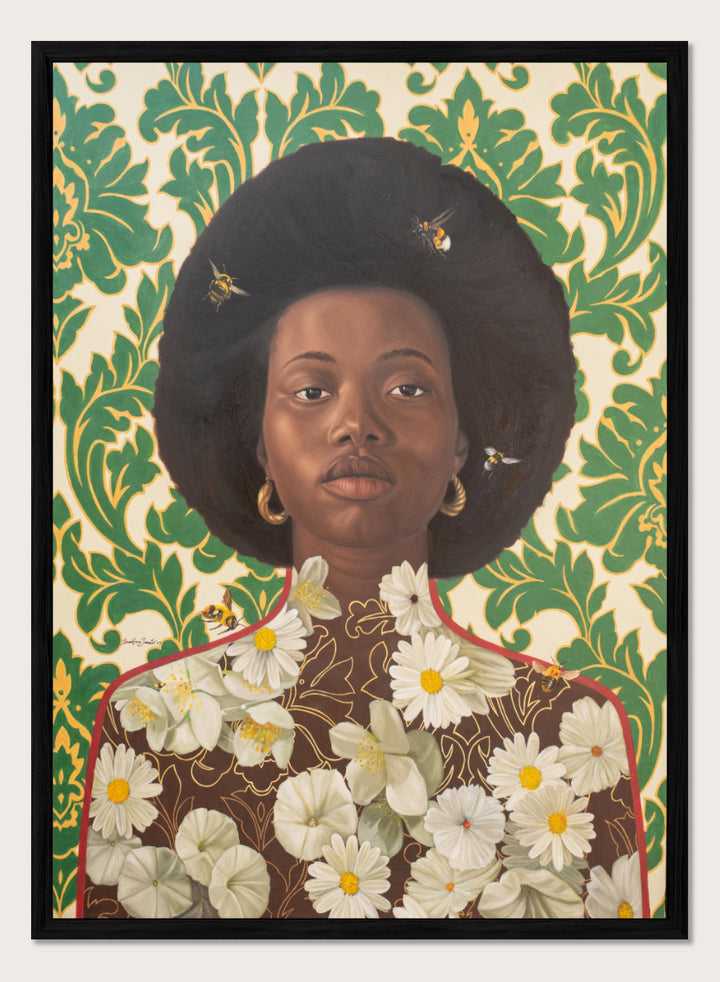 A stylized portrait artwork of a Black woman with an afro hairstyle, wearing gold hoop earrings and a brown top covered in white daisy flowers, set against a green and cream damask patterned background with small bees visible. Shop Afro Floral Portrait by Damilare Jamiu, a contemporary portrait wall art print featuring a woman with afro hair, floral details, bees, and rich green tones.