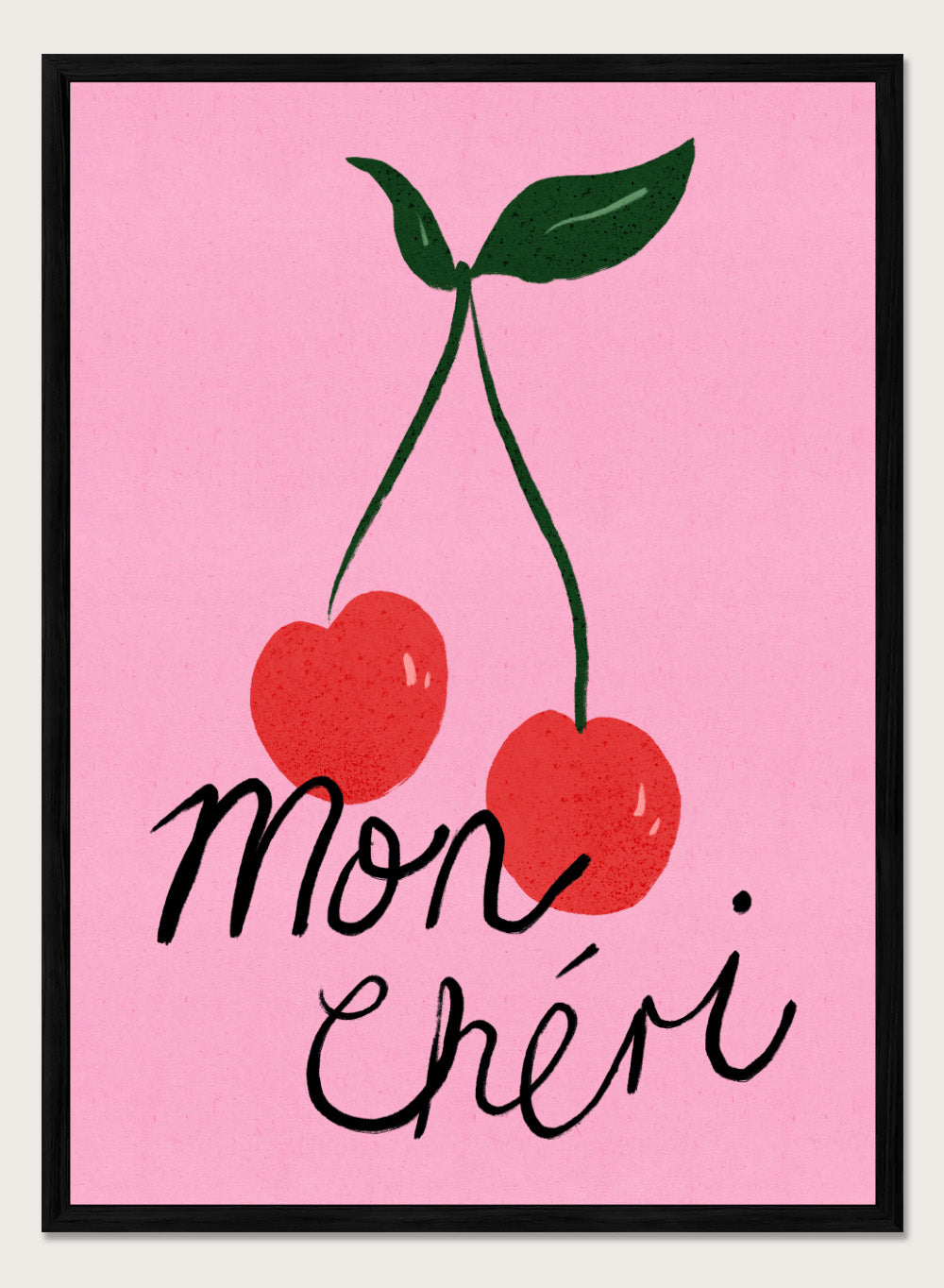 Two red cherries with green stems on a pink background and 'mon chéri' text. Mon Chéri by Dirkie Nell is a cherry typography art print featuring bold red fruit and playful lettering. A colorful love-inspired wall poster.