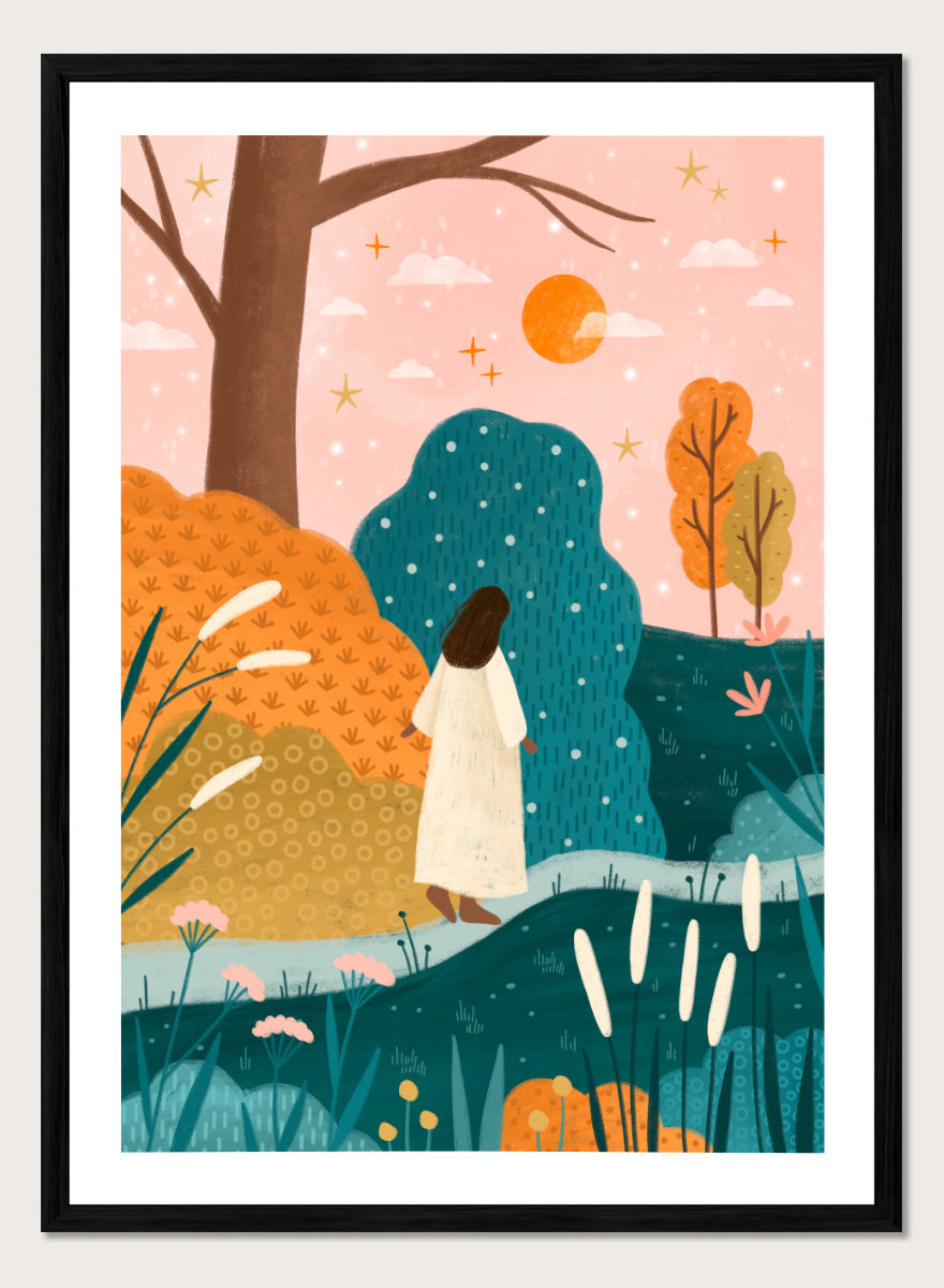 Shop Dreamy Path Exploration by Bea Müller, a figurative autumn landscape wall art print poster featuring a woman on a colorful garden path in blue and orange tones.