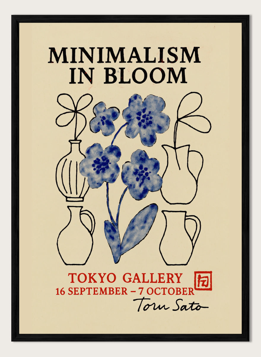 A framed art print featuring blue and black floral illustrations with the text &
