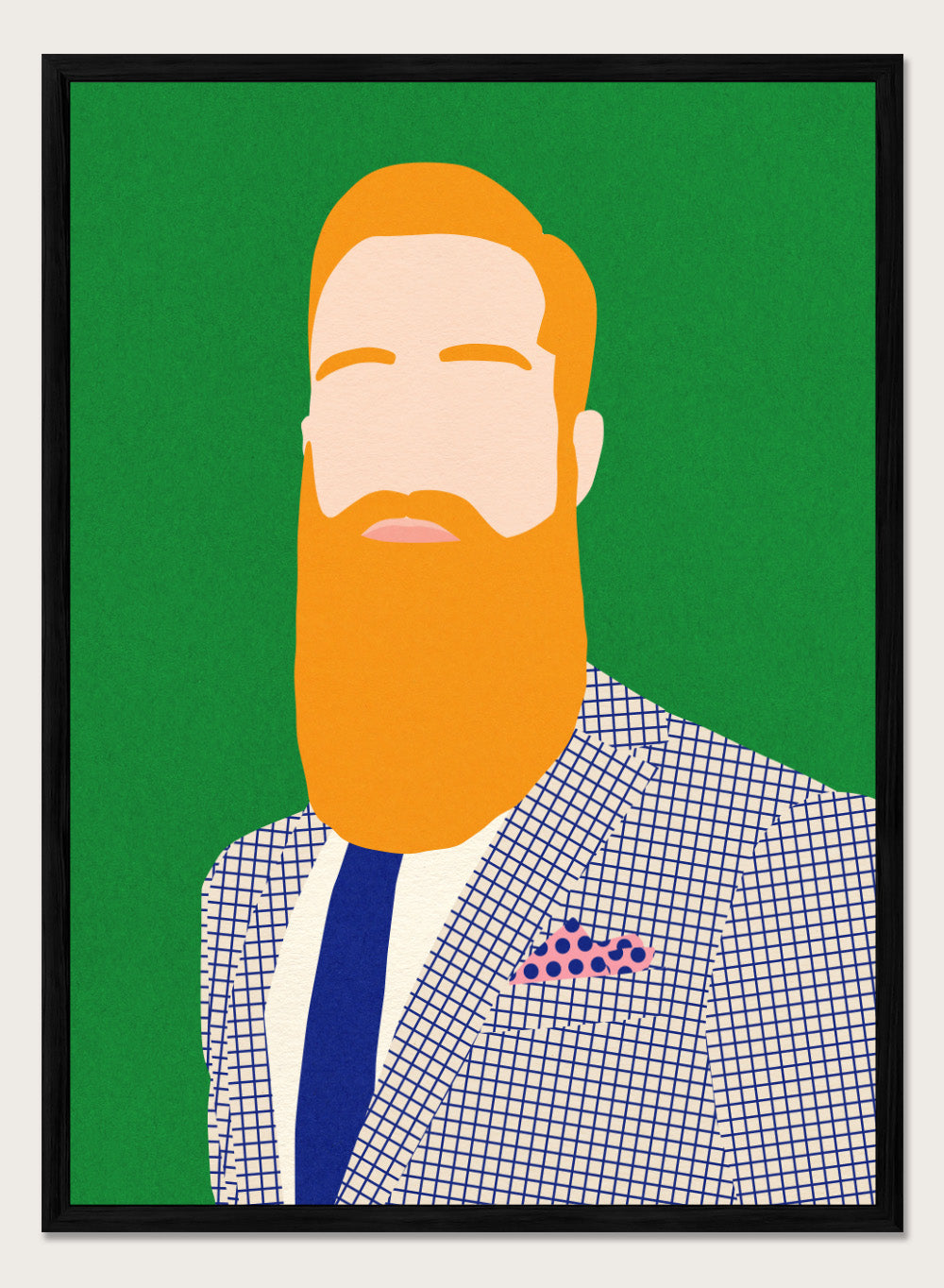 Illustration of a man with a beard wearing a checkered jacket and blue tie on a green background. Men From Barber Shop by Rosi Feist is a bold minimalist portrait art print with modern pop color, Bauhaus design, officially licensed fine art poster.
