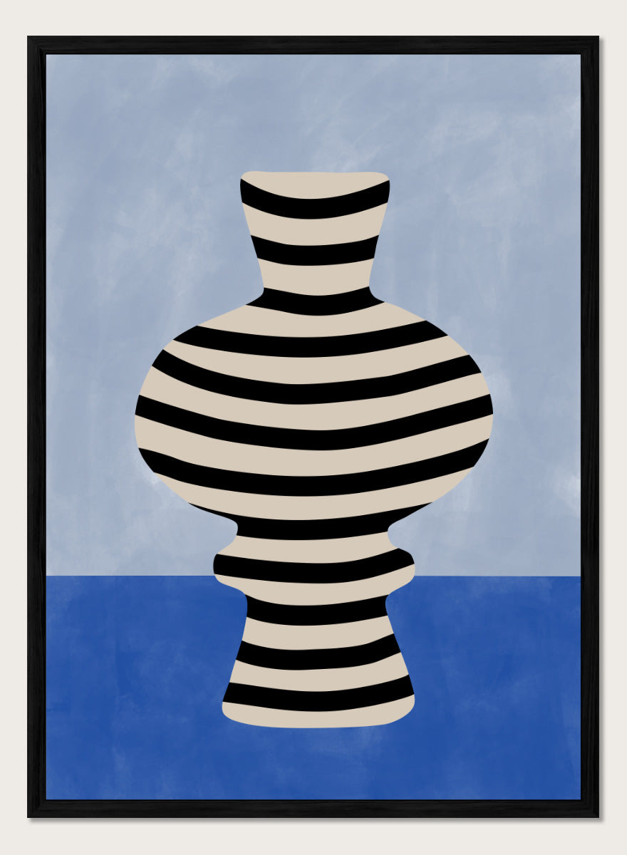 Shop Modern Striped Vase by Elena Ristova, a modern still life wall art print poster featuring a black-and-cream striped vase against soft blue tones.