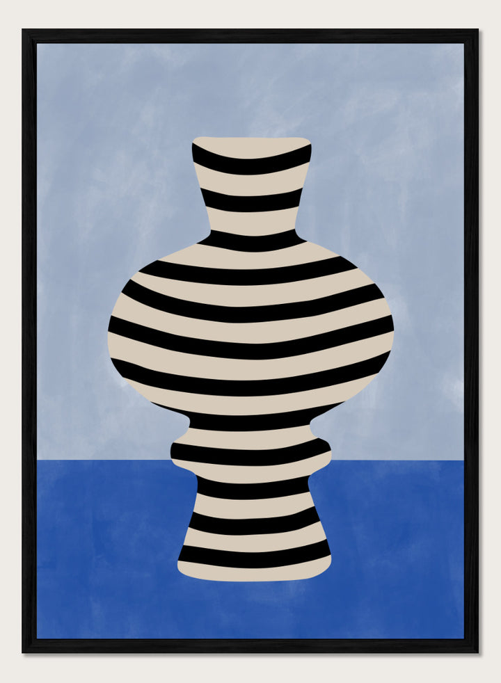 Shop Modern Striped Vase by Elena Ristova, a modern still life wall art print poster featuring a black-and-cream striped vase against soft blue tones.