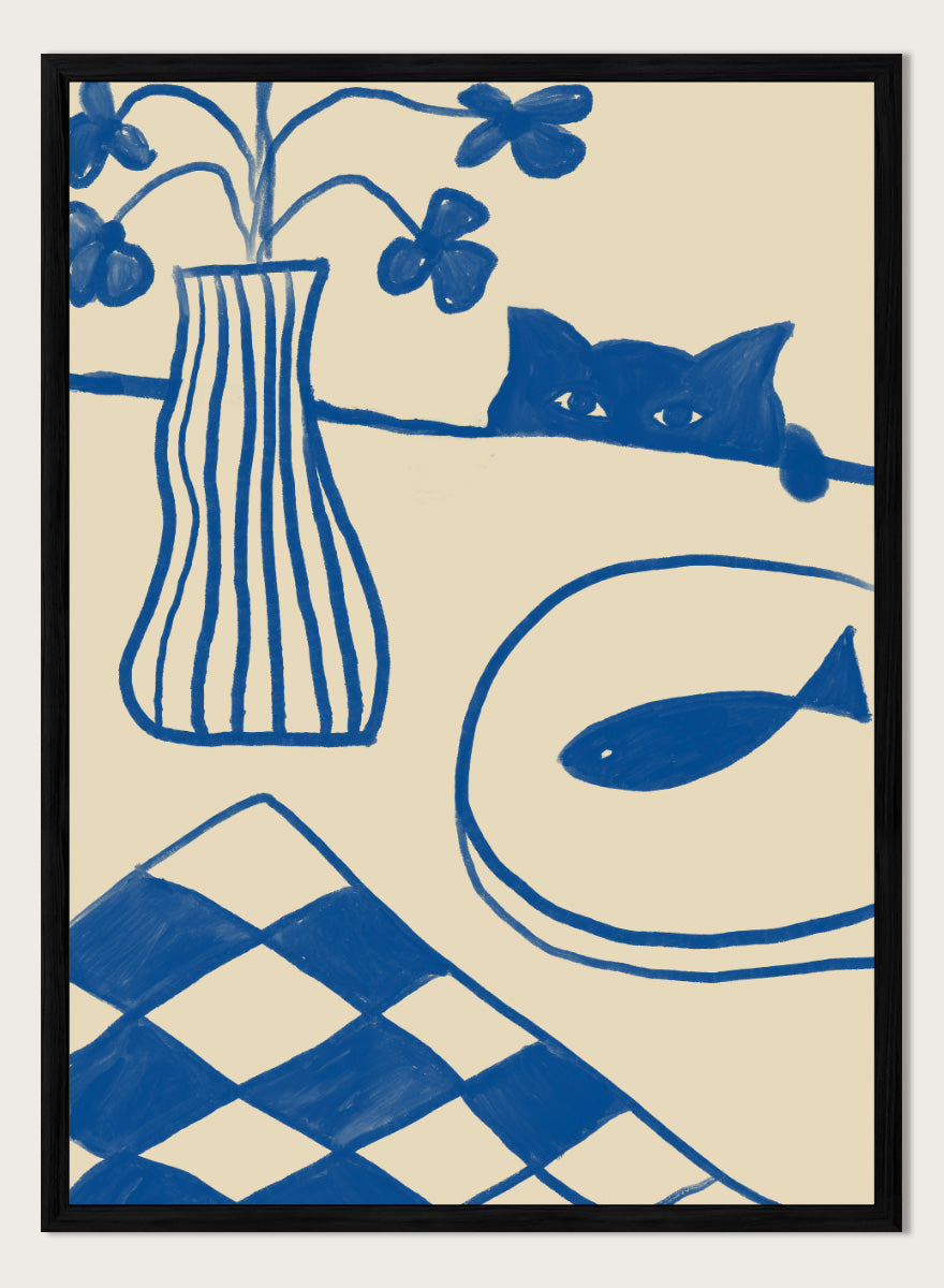A framed art print featuring a hand-drawn style illustration in blue ink on a warm cream background. The design includes a striped vase with flowers, a cat peeking over a line, a fish on a plate, and a harlequin check pattern in the lower left corner. Blue Cat And Fish by The Art Concept is a playful cat art print featuring a curious blue cat, fish plate, striped vase, flowers, and checkered tablecloth.