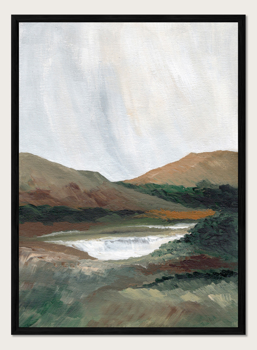 An impressionistic landscape painting of a river or waterfall flowing through a valley, with brown and green hills under a pale sky. Shop Serene Mountain Lake by Nikita Jariwala, a mountain landscape wall art print poster featuring a peaceful lake, wooded hills, and soft green tones.