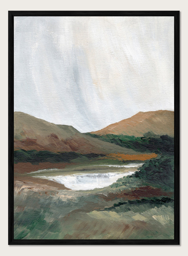 An impressionistic landscape painting of a river or waterfall flowing through a valley, with brown and green hills under a pale sky. Shop Serene Mountain Lake by Nikita Jariwala, a mountain landscape wall art print poster featuring a peaceful lake, wooded hills, and soft green tones.