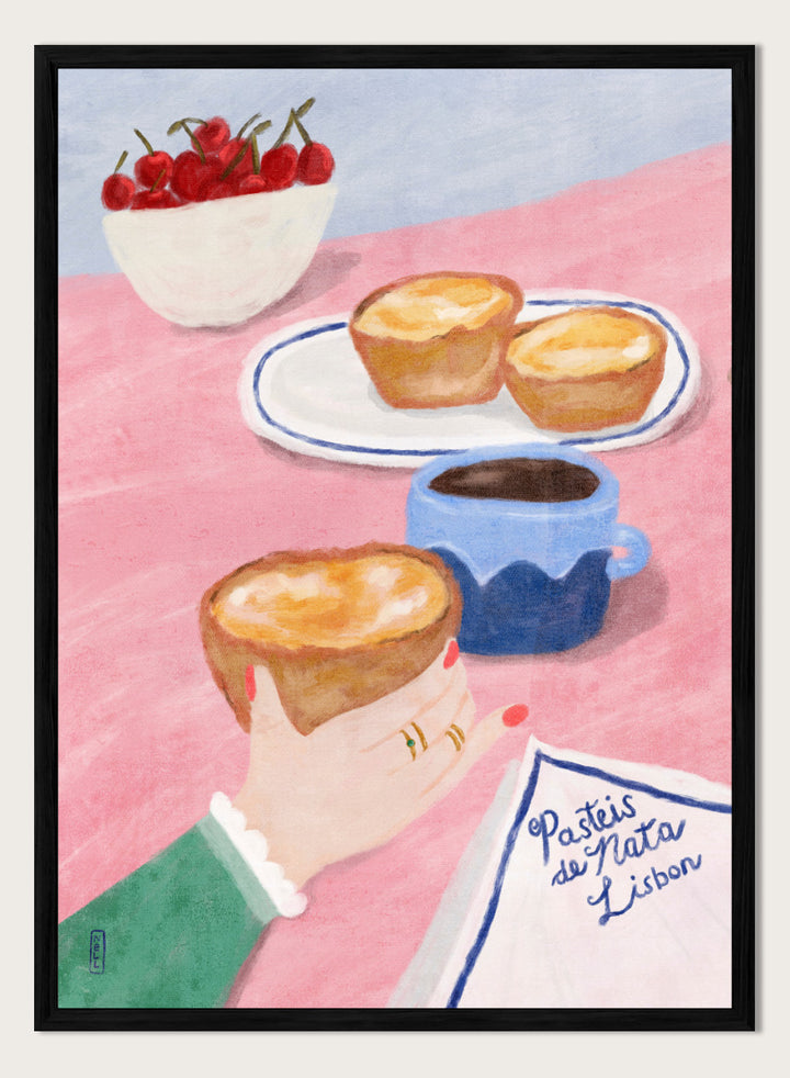 A stylized illustrated scene showing a hand holding a pastry, with two pastries on a plate, a cup of coffee, a bowl of cherries, and a napkin reading &