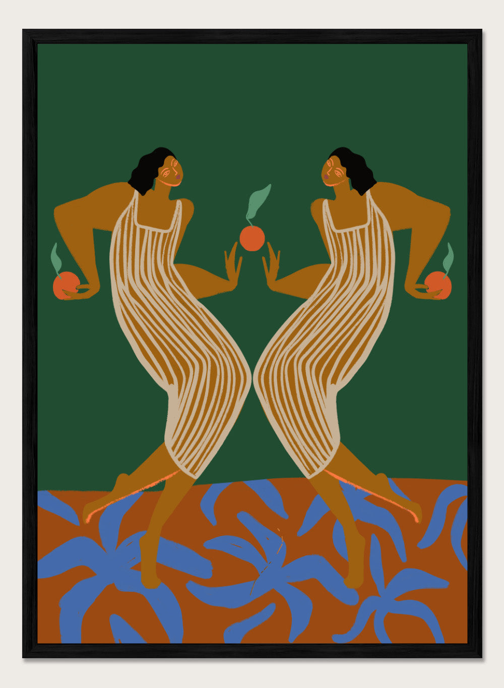 Artistic depiction of two women in a mirror, holding apples, with a green background and blue plant-like shapes at the bottom. Mirror by Arty Guava art print, modern woman illustration with oranges, contemporary figurative wall poster in bold green and warm tones.