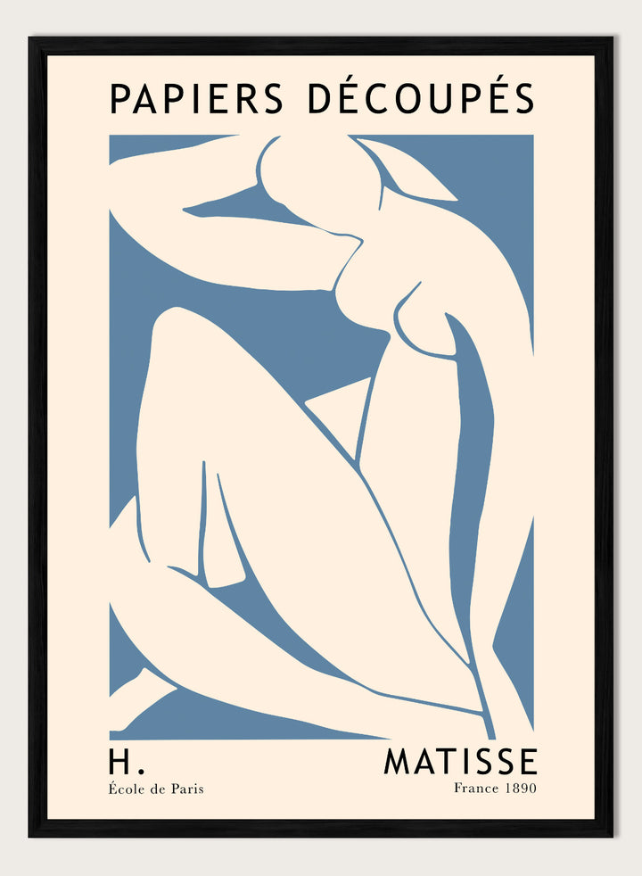 Inspired by Henri Matisse's Artwork The Blue Nudes II 1952, this lithograph wall art print showcases illustration of sitting nude figure against blue background. Featuring abstract graphics and text, this Papiers Découpés vintage exhibition poster by MoMa is perfect for any boho, eclectic, retro, or minimalist space.