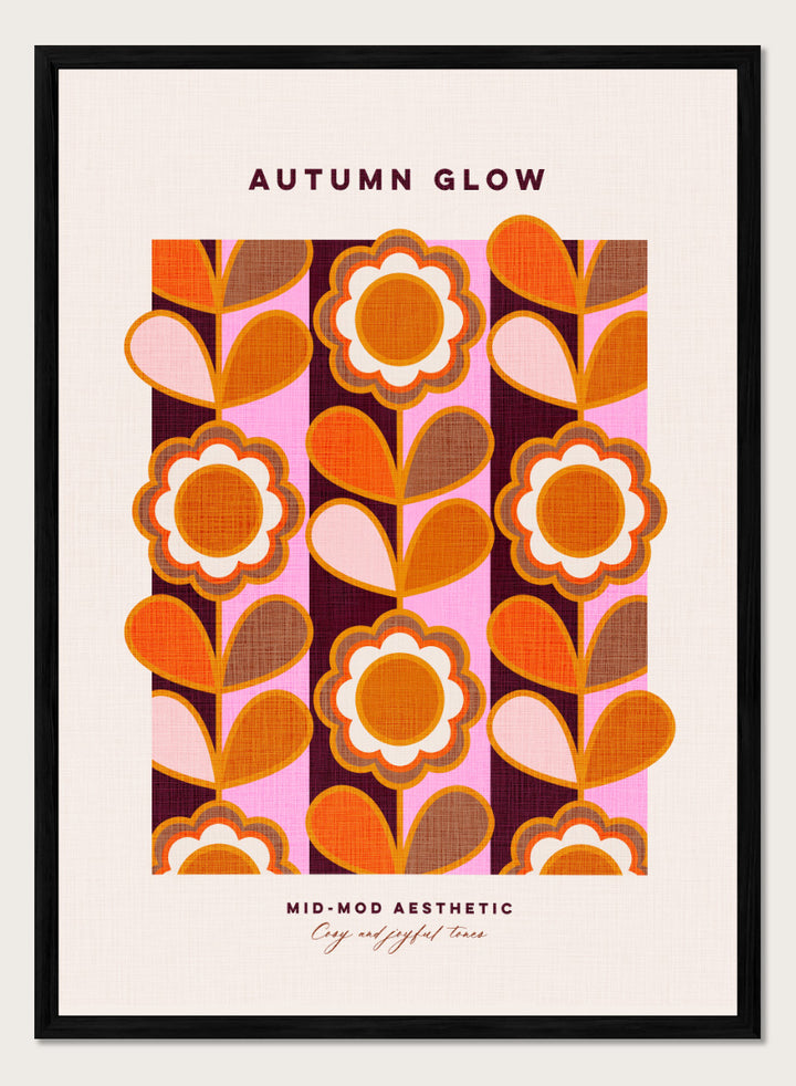Shop Mid-Mod Autumn Glow by Dominique Vari, a retro floral wall art print poster featuring bold flowers, striped patterns, and warm orange, pink, brown, and burgundy tones.