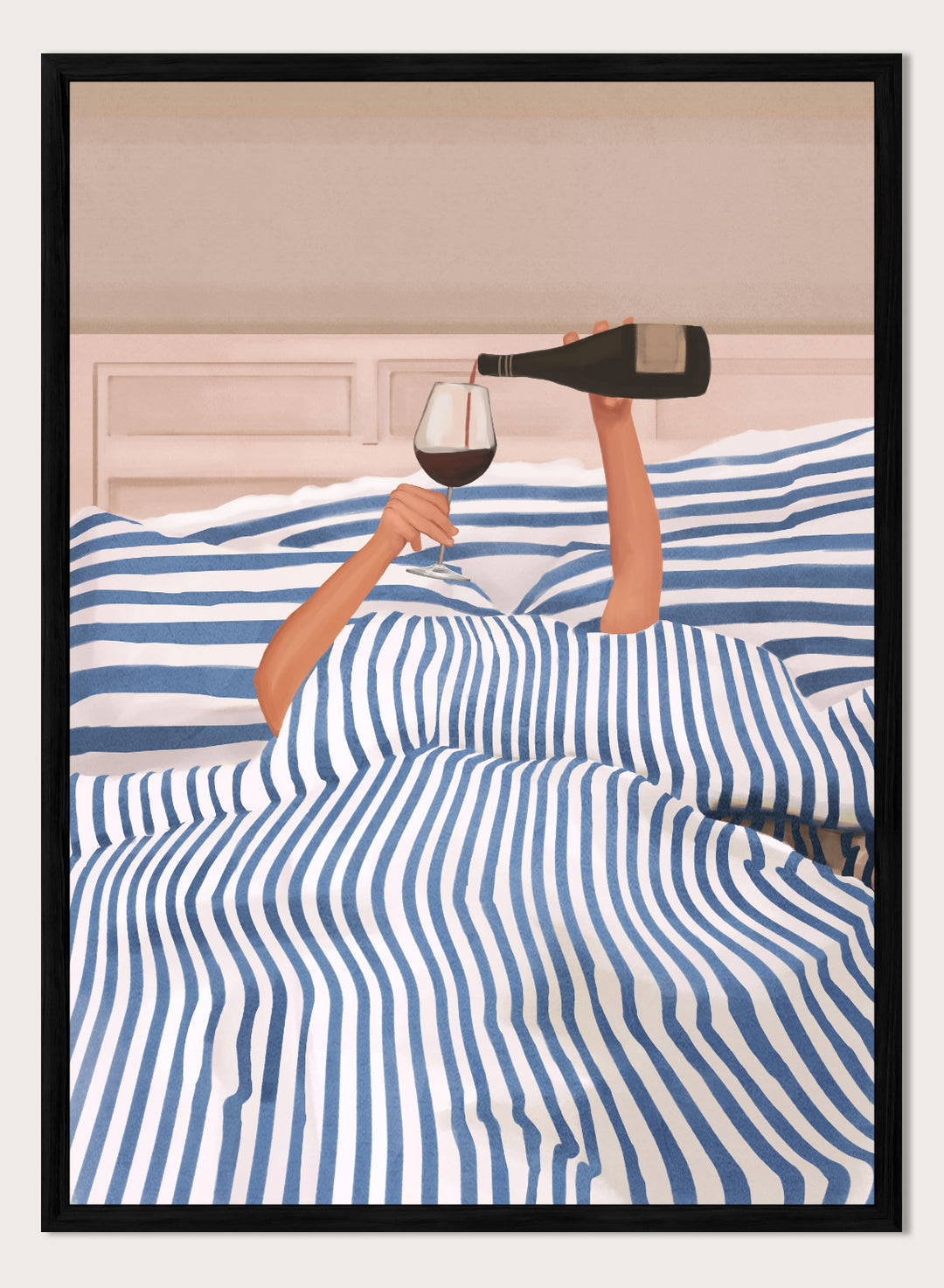 Person lying in bed pouring wine into a glass, wearing striped sheets. Wine In Bed by Flow Line is a playful art print featuring striped bedding, red wine, minimalist illustration, and cozy bedroom decor.