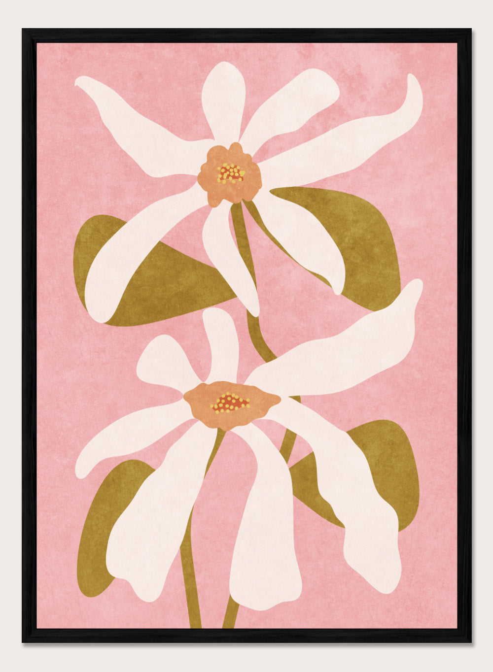 Two white flowers with green stems on a pink background. Abstract Flowers I by Raissa Oltmanns is a modern floral art print featuring white blooms on pink in contemporary botanical wall poster style.