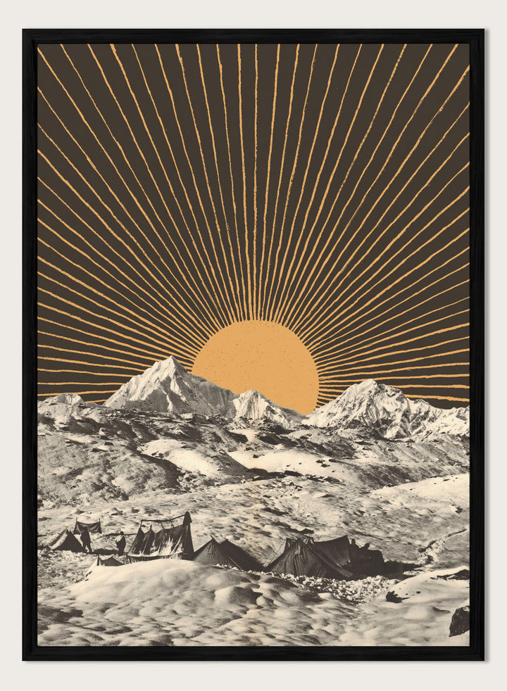 Mountain landscape with a sunburst design in the sky. Mountain Base Camp Sunrise by Florent Bodart is a modern landscape art print with mountains and sunrise rays, a vintage-inspired wall poster with bold graphic contrast.