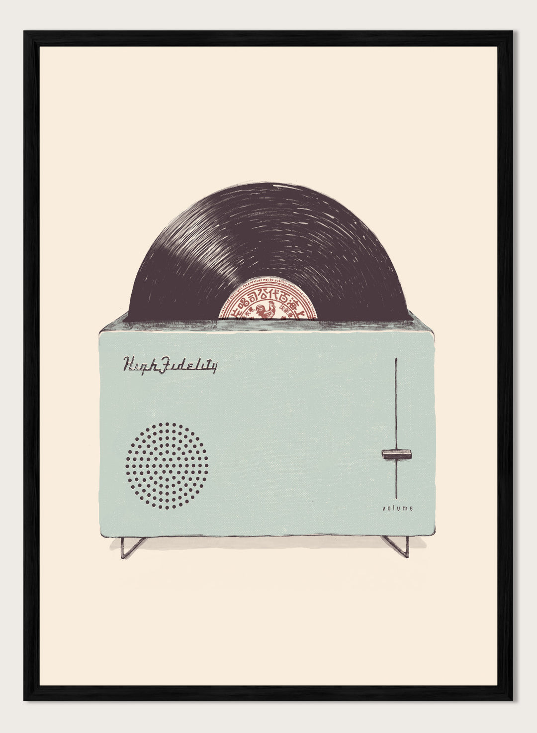 Vintage-style record player with vinyl record on a beige background. Retro Record Toaster by Florent Bodart is a playful vintage-inspired art print featuring a record player toaster, a modern retro wall poster with music theme.