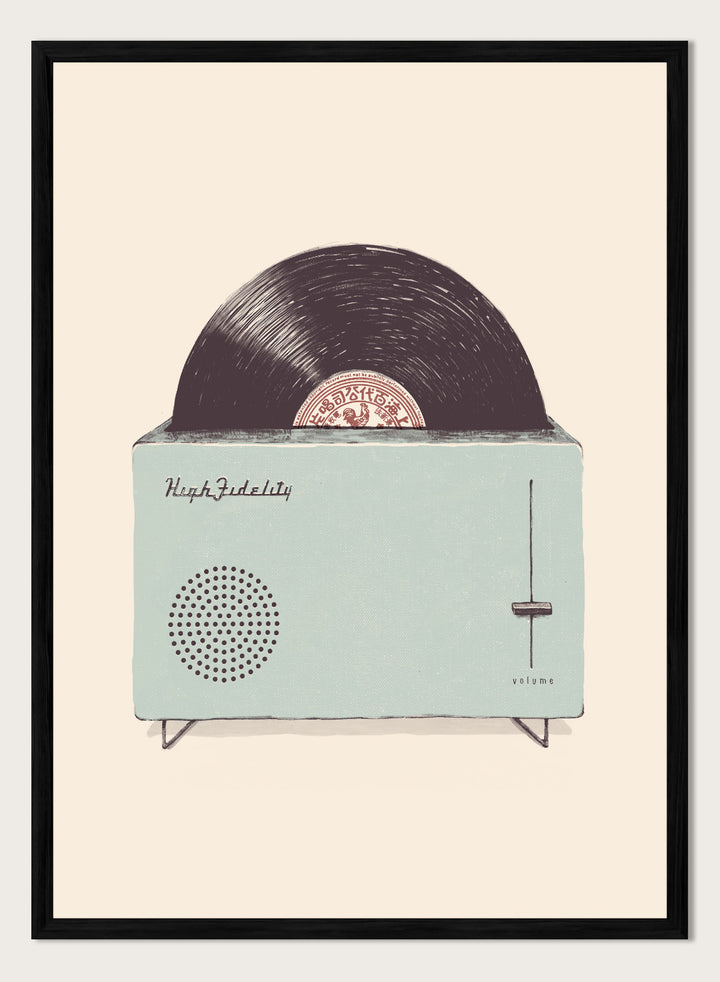 Vintage-style record player with vinyl record on a beige background. Retro Record Toaster by Florent Bodart is a playful vintage-inspired art print featuring a record player toaster, a modern retro wall poster with music theme.
